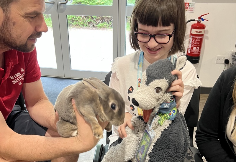Chloe, holding her stuffed animal toy called Socky, being shown a rabbit by a staff member from the animal handling company Cool Creatures.