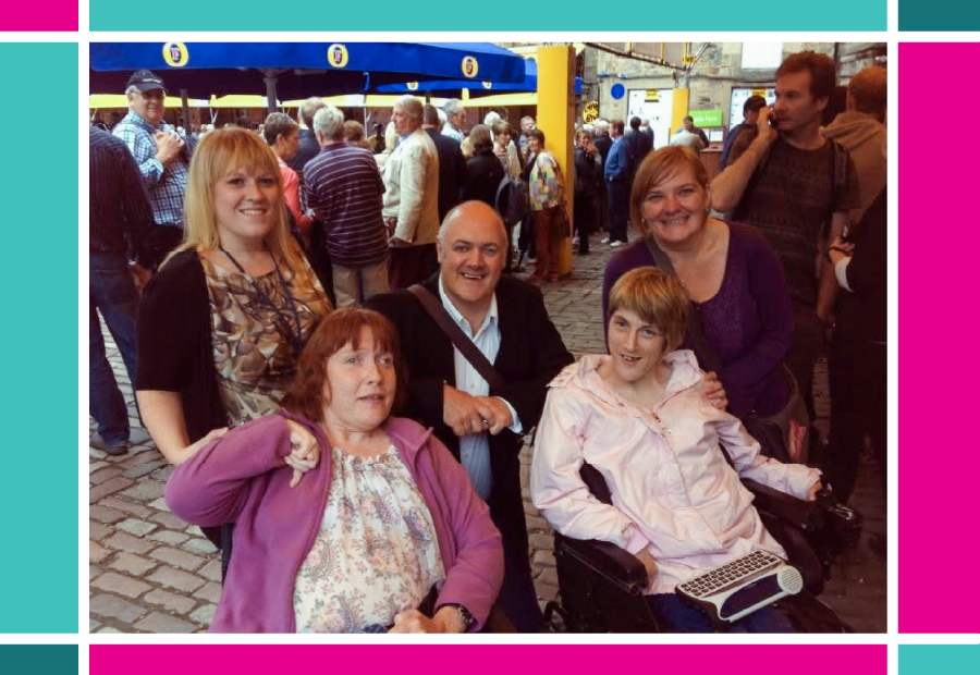 A photography of Capability Scotland colleagues Erin and Helen, people we support Pat and Darr, and stand-up comedian Dara O Briain outside a comedy venue at the Edinburgh Fringe Festival.